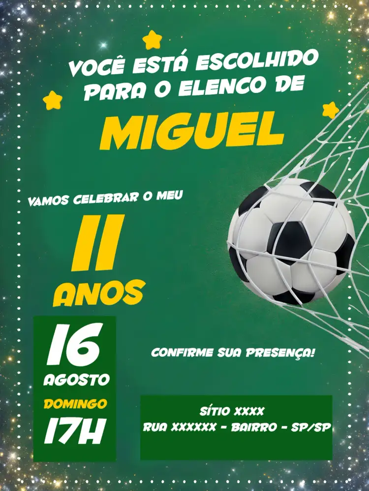 Convite Futebol Amarelo – tema Mais pesquisados futebol, amarelo vibrante, elementos gráficos esportivos, estilo alegre, animação jovial