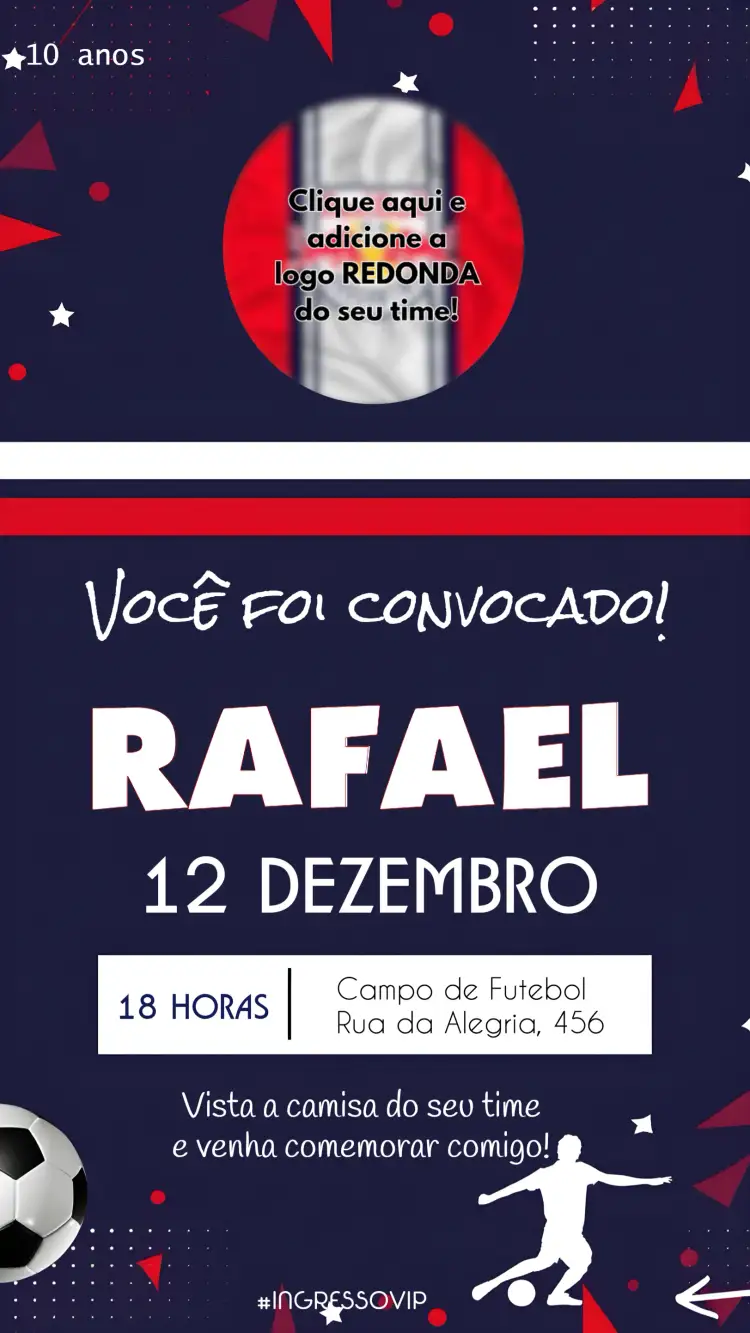 Convite Futebol Azul – tema Mais pesquisados esportivo, moderno, vibrante, azul e vermelho, dinâmico, jogos