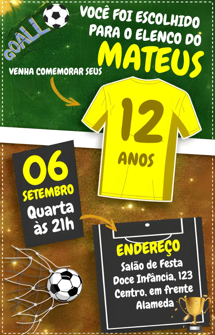 Convite Futebol Bola – tema Aniversário Infantil futebol, brasileiro, colorido, divertido, esportivo, temático