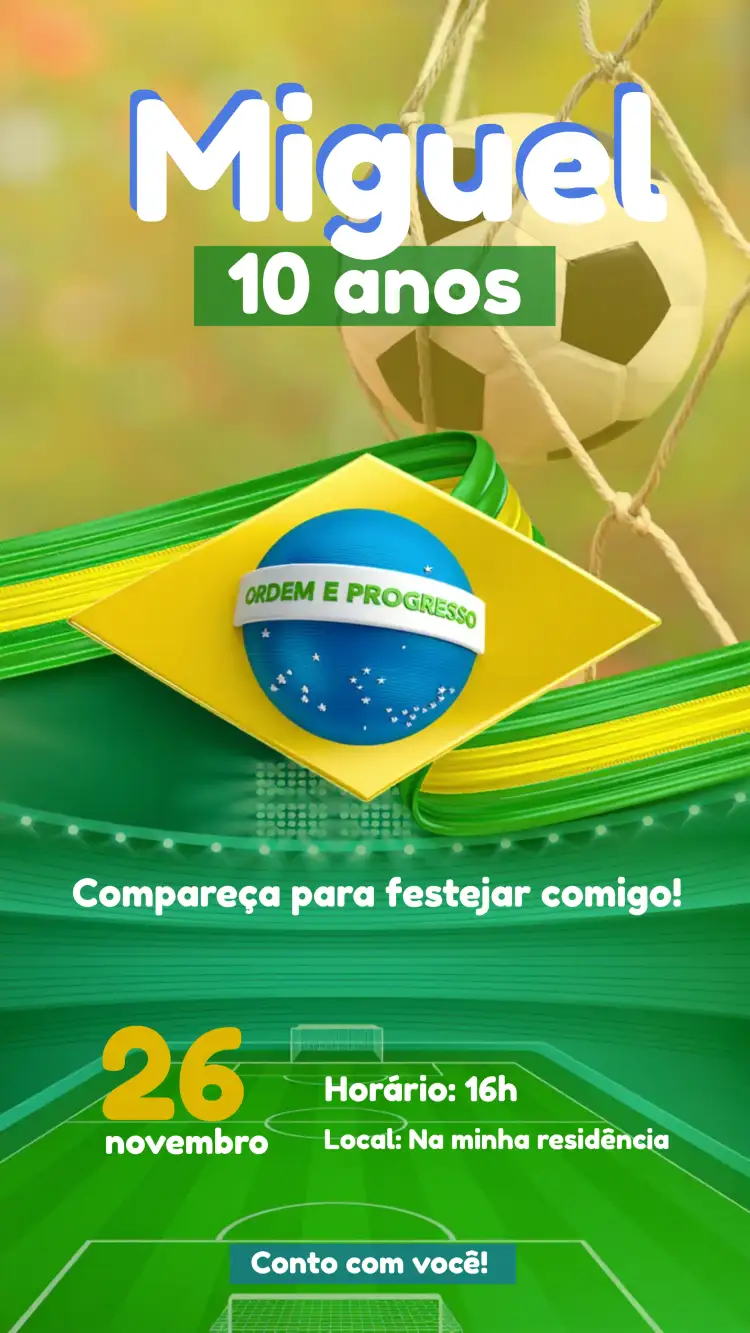 Convite Futebol Brasil – tema Mais pesquisados verde e amarelo, estilo esportivo, ilustrações de bola de futebol, design moderno, elementos gráficos de campo