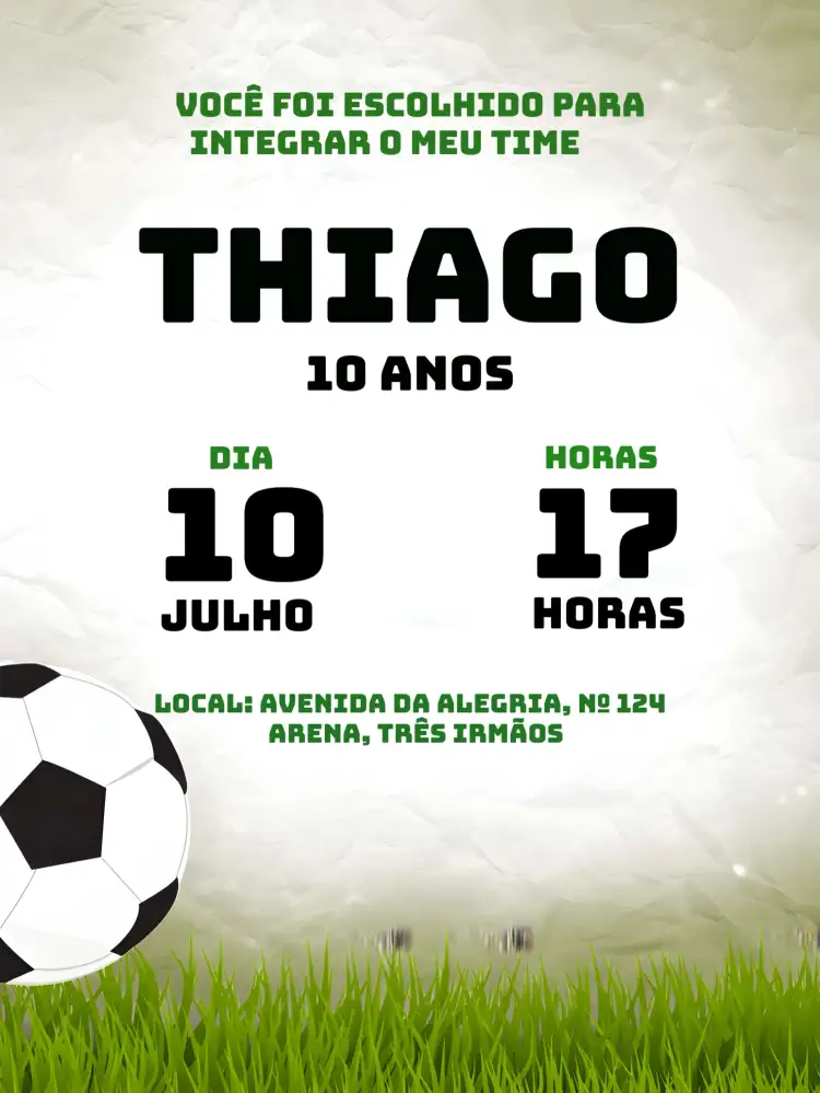 Convite Futebol Chute – tema Mais pesquisados cores vibrantes, elementos de futebol, estilo moderno, design infantil, temática esportiva