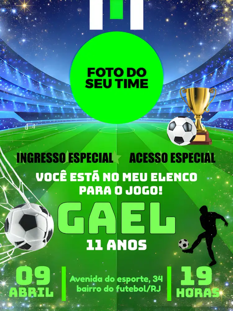 Convite Futebol Com Foto Brasão – tema Mais pesquisados verde e branco, estilo esportivo, elementos gráficos de futebol, moderno, divertido, dinâmico