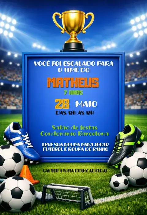 Convite Futebol Copa do Mundo – tema Aniversário cores vibrantes, estilo esportivo, elementos gráficos de futebol, design moderno, ilustrações temáticas, detalhes dinâmicos