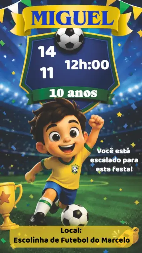 Invitación Fútbol Copa del Mundo – tema Cumpleaños Infantil verde y amarillo, fútbol, deportivo, colorido, divertido