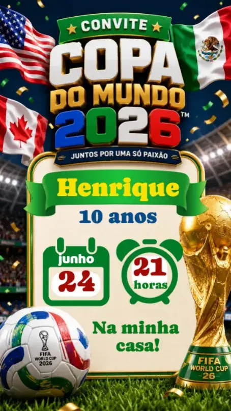 Invitation Soccer World Cup 2026 – Birthday theme vibrant colors, sporty style, football graphic elements, modern design, celebration theme, inspired by the World Cup