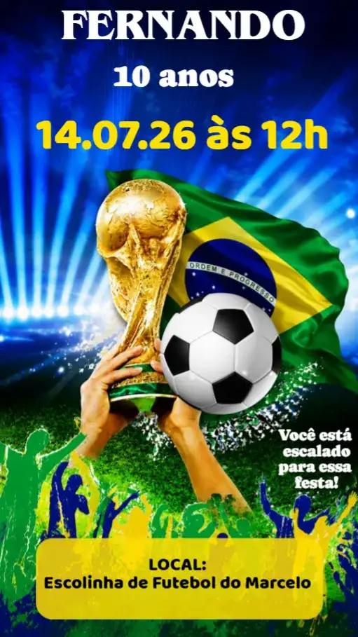 Invitation Futebol Copa do Mundo – Aniversário theme cores vibrantes, estilo moderno, elementos gráficos de futebol, design festivo, temática esportiva, ilustrações animadas