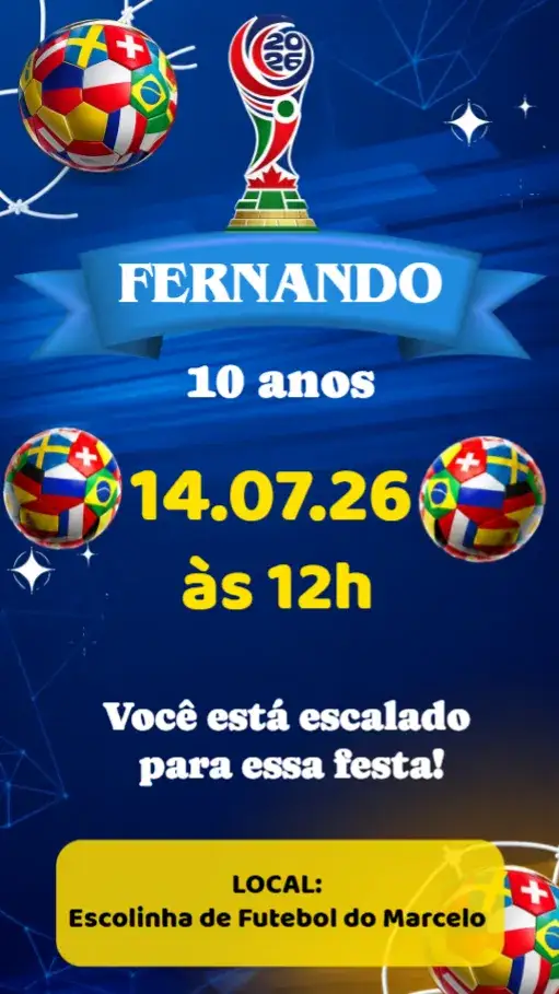 Invitation Futebol copa do Mundo – Aniversário theme colorido, esportivo, dinâmico, moderno, vibrante, temático