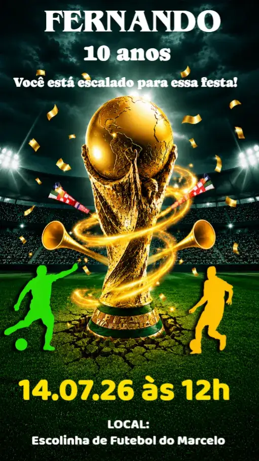 Invitation Futebol Copa do Mundo – Aniversário Infantil theme futebol, esportivo, colorido, divertido, moderno
