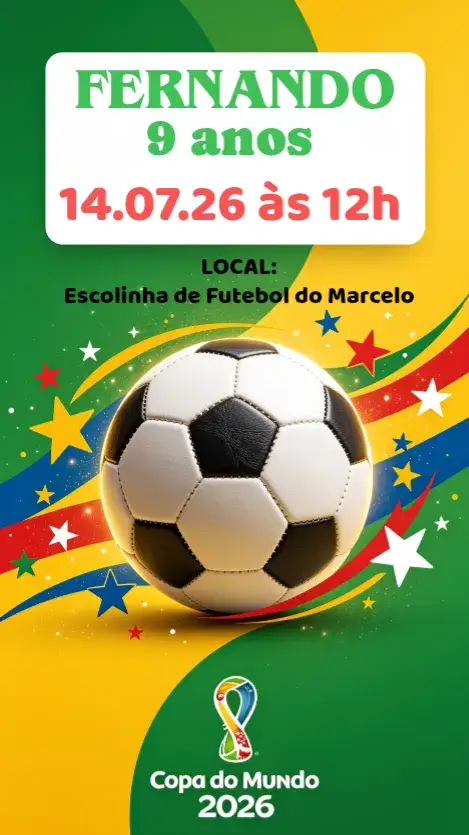 Invitation Soccer World Cup – Kids' Birthday Party theme vibrant colors, sporty style, football graphic elements, modern design, inspired by the World Cup
