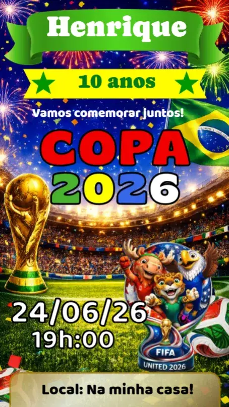 Convite Futebol Copa do Mundo – tema Datas Comemorativas cores vibrantes, estilo esportivo, elementos gráficos de futebol, design moderno, clima festivo