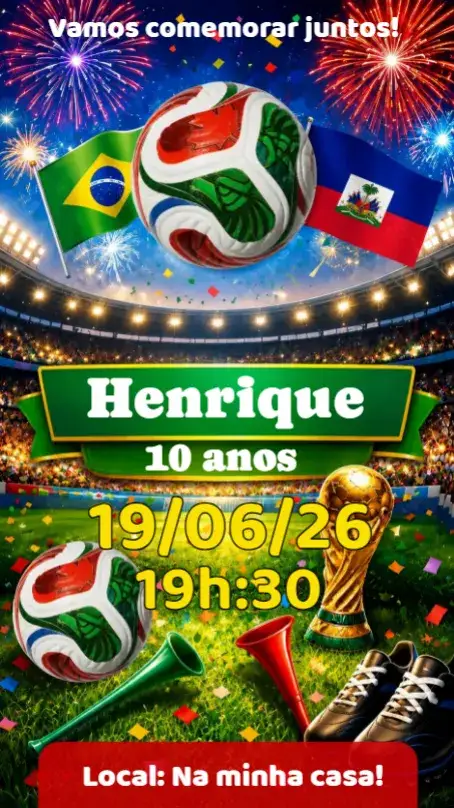 Convite Futebol Copa do Mundo – tema Datas Comemorativas verde e amarelo, esportivo, moderno, vibrante, dinâmico