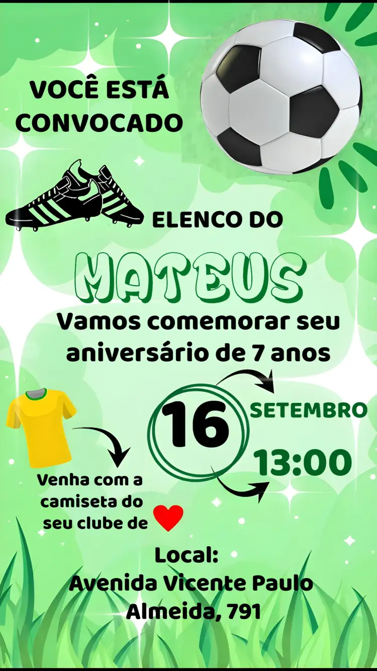 Convite Futebol Gol – tema Mais pesquisados verde, esportivo, divertido, vibrante, temático
