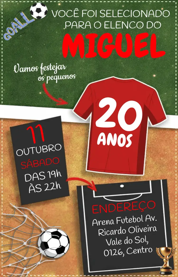 Convite Futebol Time – tema Mais pesquisados futebol, esportivo, colorido, moderno, divertido