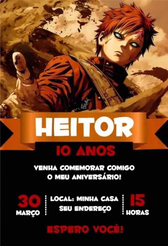 Convite Gaara Naruto 1 – tema Aniversário anime, ninja, colorido, vibrante, jovial, fantasia