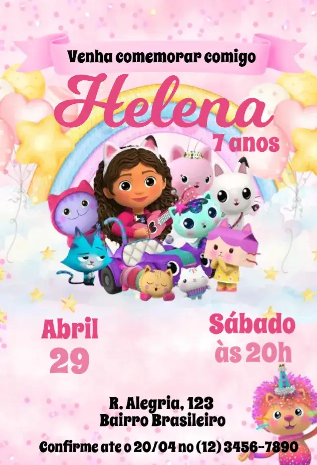 Invitación Gabby's Dollhouse Acuarela – tema Cumpleaños Infantil acuarela, colorido, lúdico, fantasía, moderno