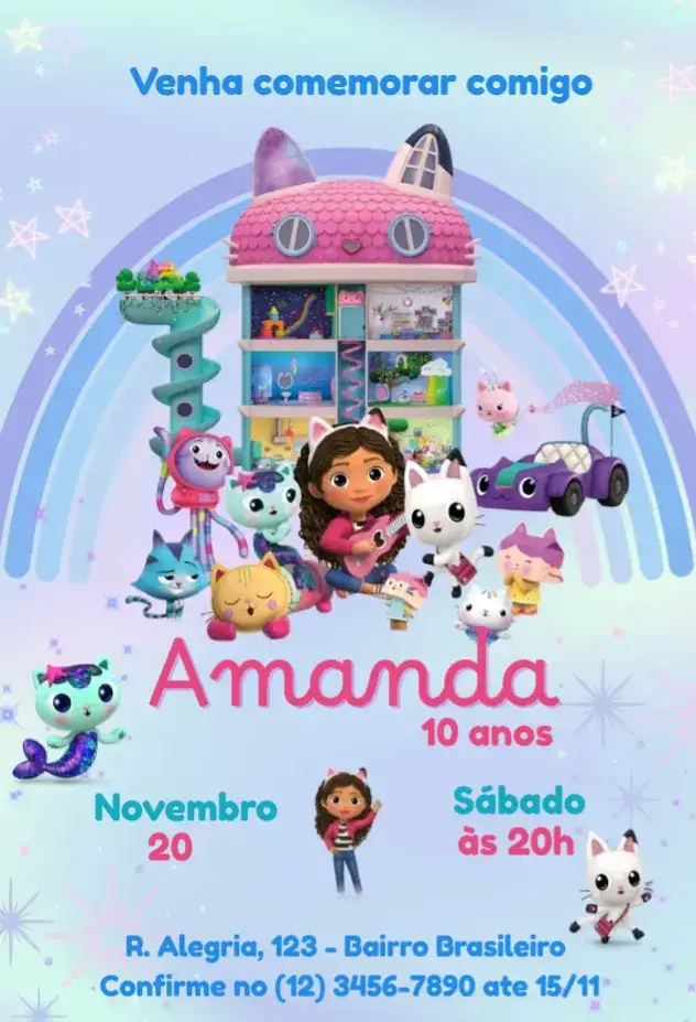 Convite Gabby Dollhouse – tema Aniversário Infantil casa de bonecas, personagens animados, arco-íris, infantil