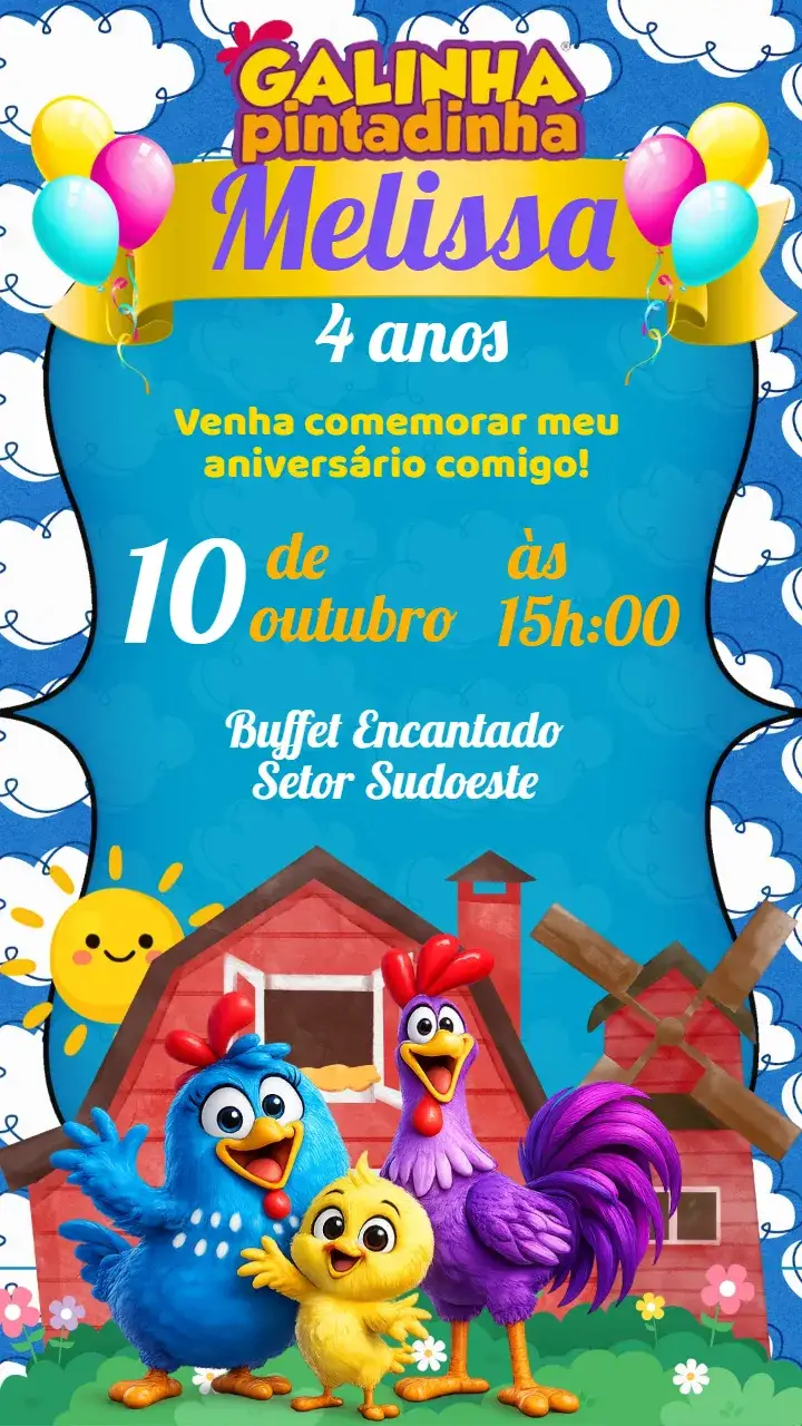 Invitación Galinha Pintadinha – tema Aniversário Infantil colorido, divertido, infantil, temático, brincalhão