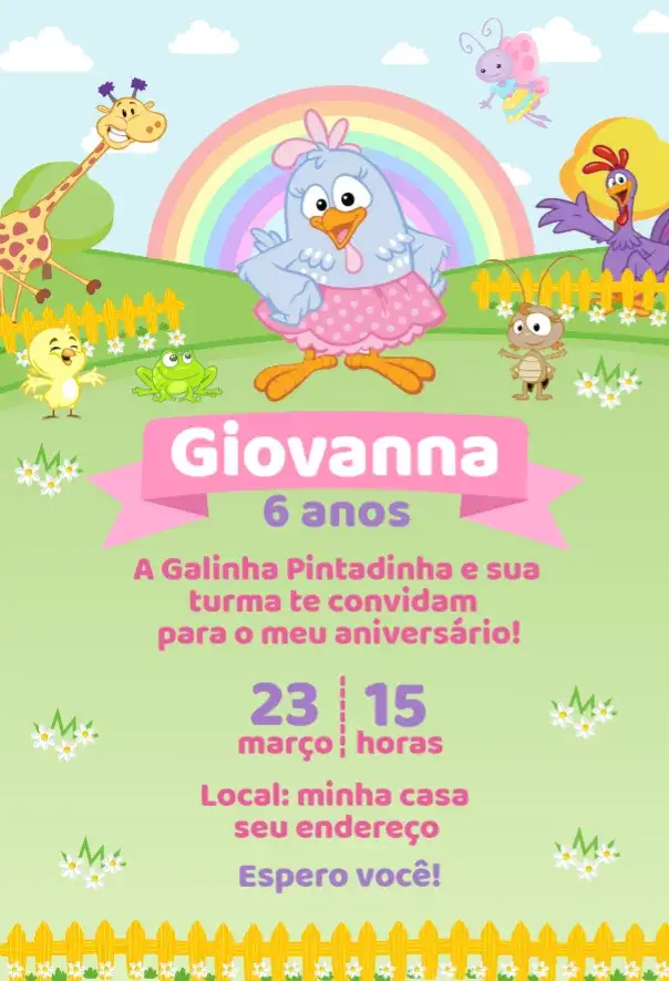 Convite Galinha Pintadinha 2 – tema Aniversário candy color, tons pastéis, visual infantil, ilustrações divertidas, estilo lúdico, design moderno