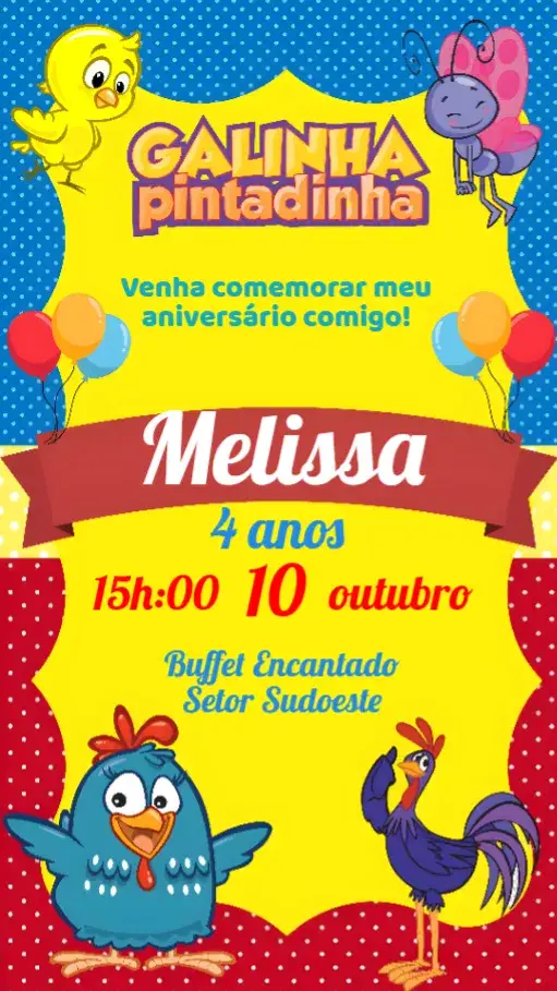 Convite Galinha Pintadinha – tema Aniversário Infantil colorido, lúdico, divertido, temático, brincalhão, infantil