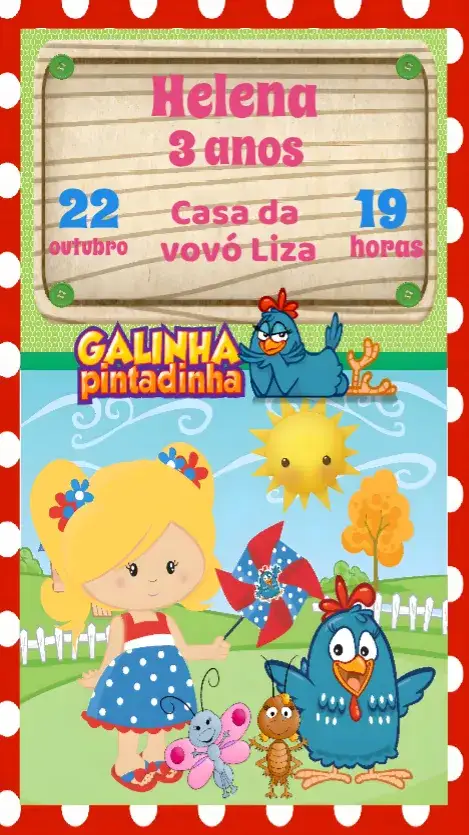 Convite Galinha Pintadinha – tema Aniversário Infantil colorido, divertido, infantil, temático, animado, ilustrações de personagens
