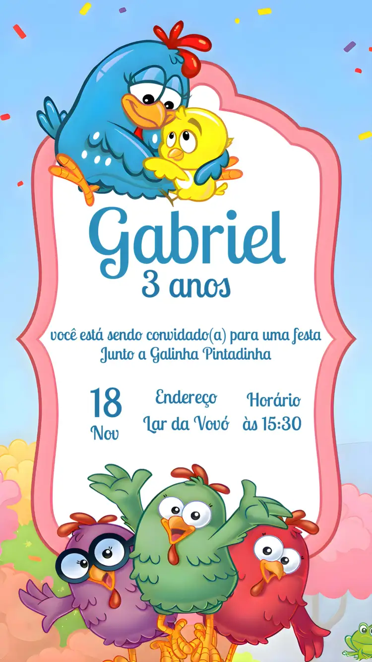 Convite Galinha Pintadinha Candy – tema Mais pesquisados candy, colorido, divertido, infantil, lúdico, temático