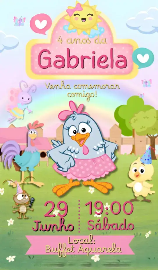 Convite Galinha Pintadinha Rosa – tema Aniversário Infantil rosa, colorido, divertido, temático, infantil