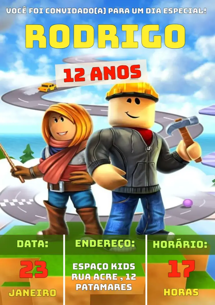 Convite Gamer Roblox Feminino editável e personalizável