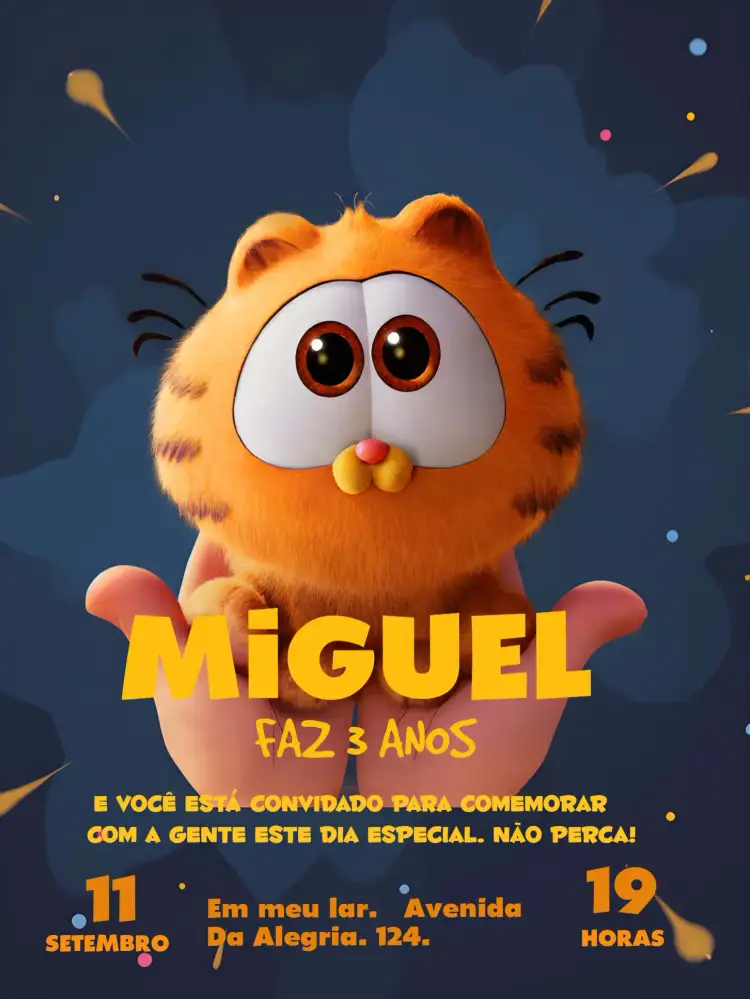 Convite Garfield Desenho – tema Mais pesquisados colorido, divertido, infantil, comédia, moderno