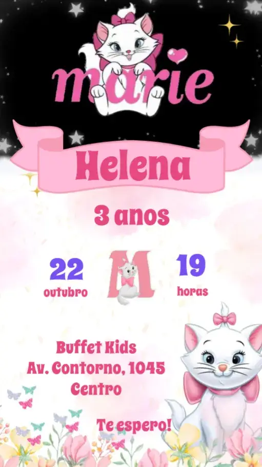 Convite Gatinha Marie – tema Aniversário Infantil delicado, colorido, feminino, divertido, infantil, temático