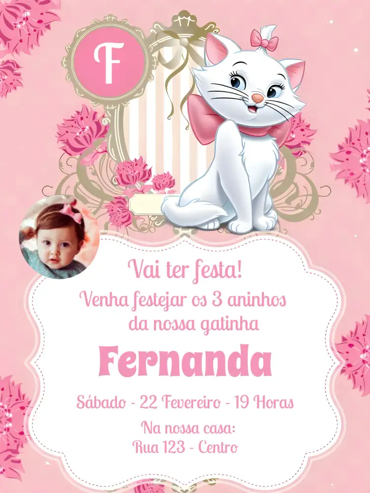 Convite Gatinha Marie Com Foto Laço – tema Mais pesquisados floral, delicado, rosa, dourado, infantil, feminino