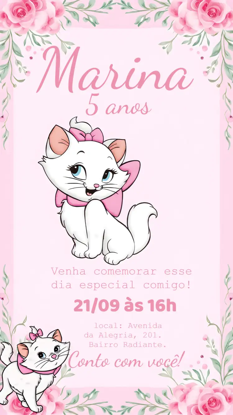 Convite Gatinha Marie Menina – tema Mais pesquisados floral, delicado, rosa, infantil, moderno