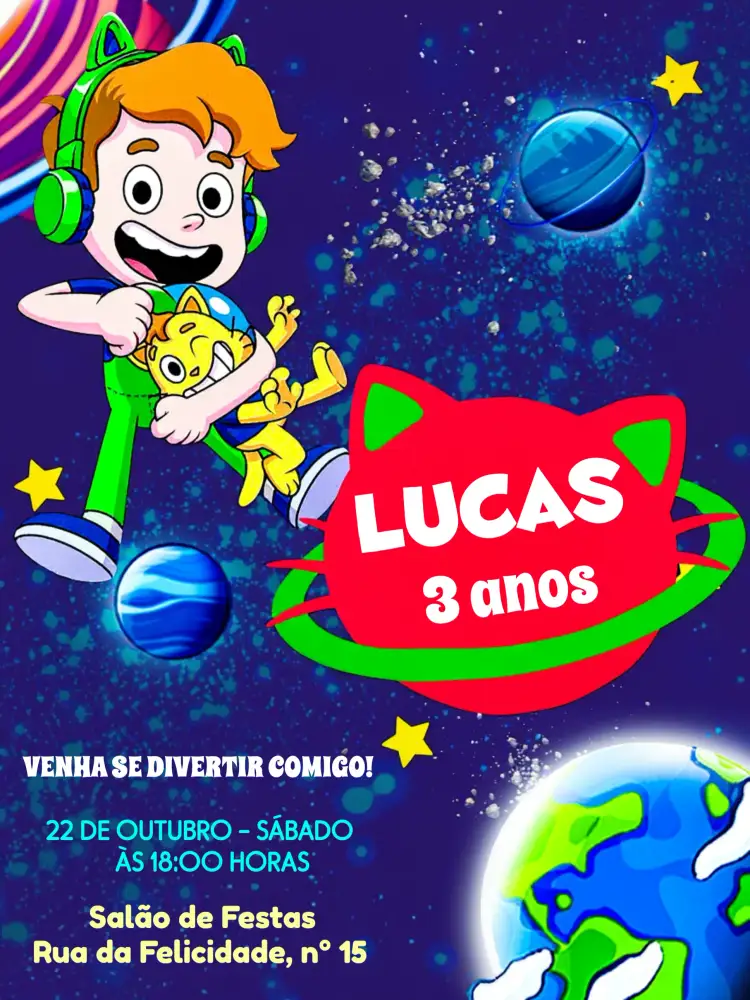 Convite Gato Galáctico Planeta – tema Mais pesquisados galáctico, divertido, infantil, moderno, colorido, fantasia