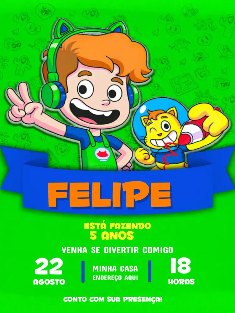 Convite Gato Galáctico Verde – tema Mais pesquisados galáctico, colorido, divertido, infantil, moderno, astronômico