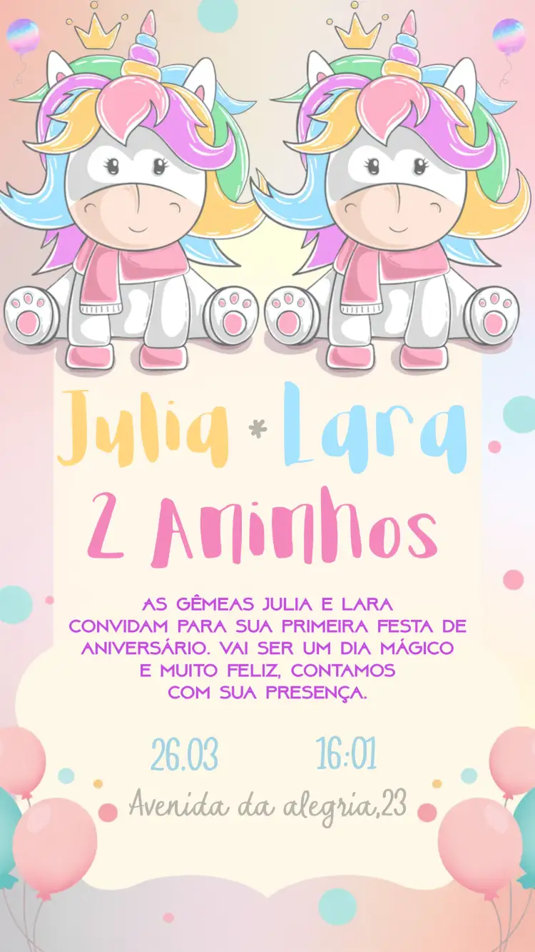 Convite Gêmeas Unicórnio Enviar – tema Datas Comemorativas colorido, pastel, fantasia, mágico, infantil, divertido