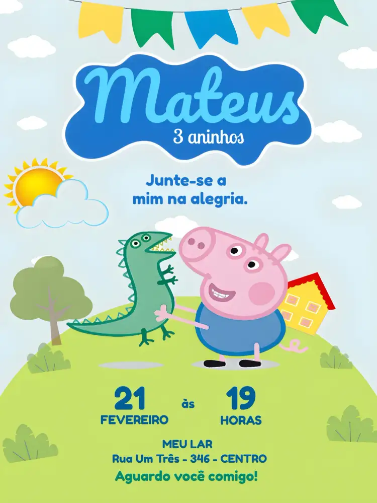 Convite George Pig Colorido – tema Mais pesquisados colorido, divertido, infantil, temático, alegre