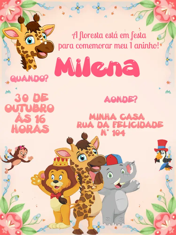 Convite Giramille Flor – tema Mais pesquisados safari, animais, floral, infantil