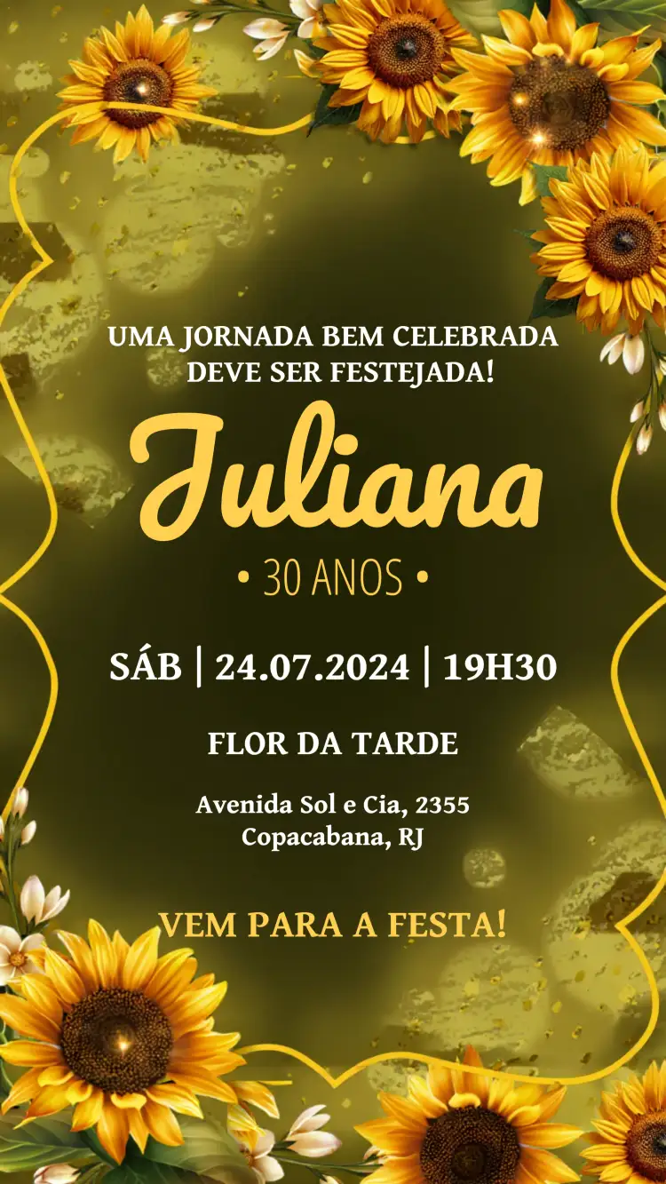 Convite Girassol Floral – tema Mais pesquisados floral, dourado, moderno, colorido, infantil, alegre