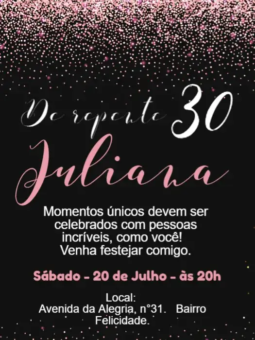 Convite Glitter De Repente 30 – tema Aniversário brilho, moderno, elegante, cores fortes, glitter, estilo contemporâneo