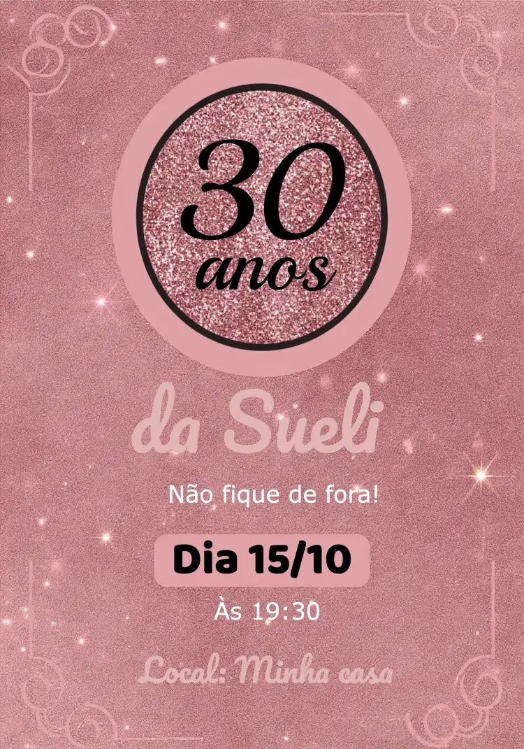 Convite Glitter Adulto – tema Aniversário glitter, rosa, preto, elegante, moderno, festivo