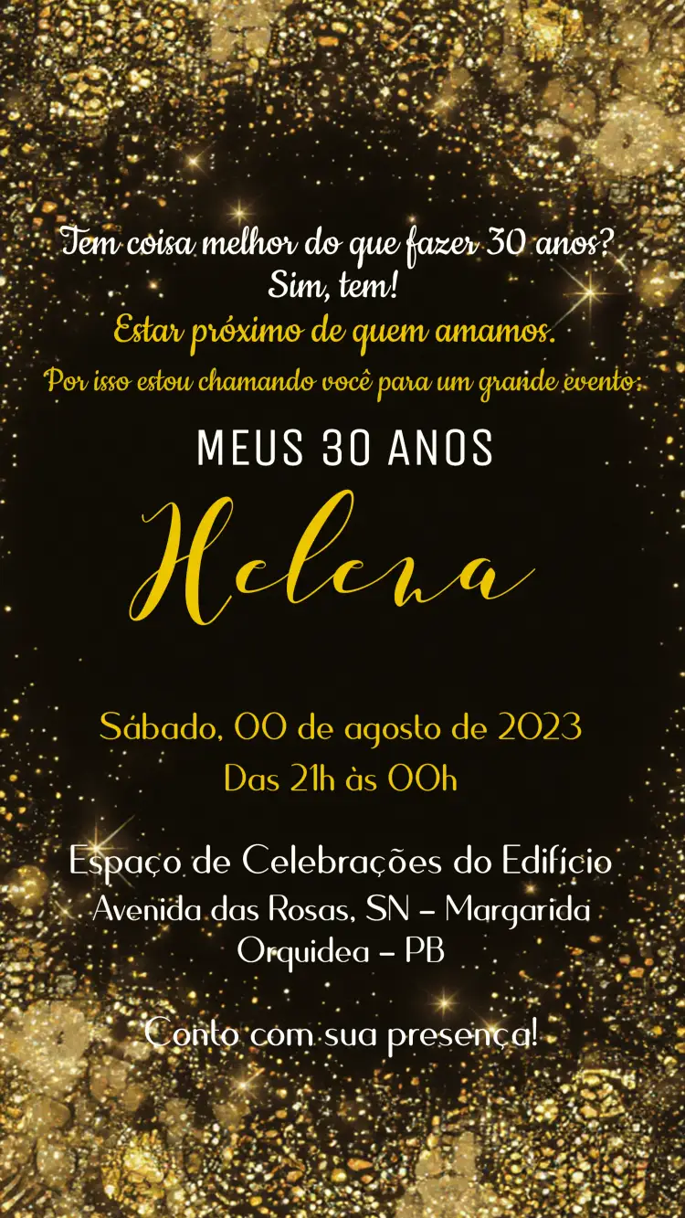 Convite Glitter Anos – tema Aniversário preto e dourado, glamouroso, moderno, elegante, celebração, festivo