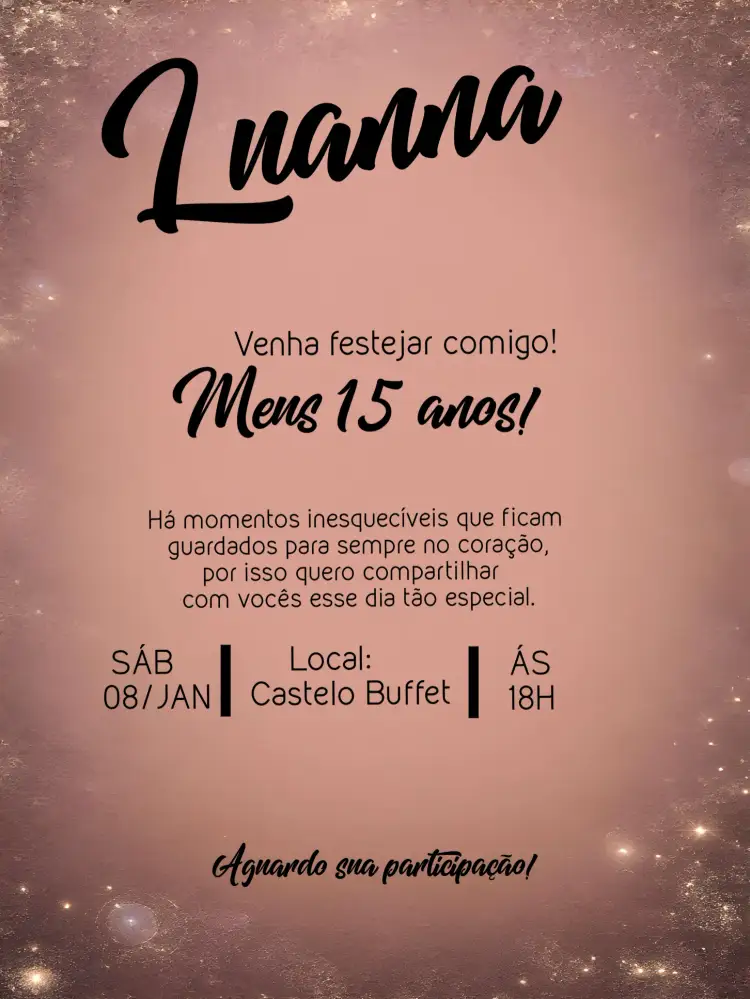 Convite Glitter Anos – tema 15 anos glitter, rosê, moderno, elegante, feminino, brilhante