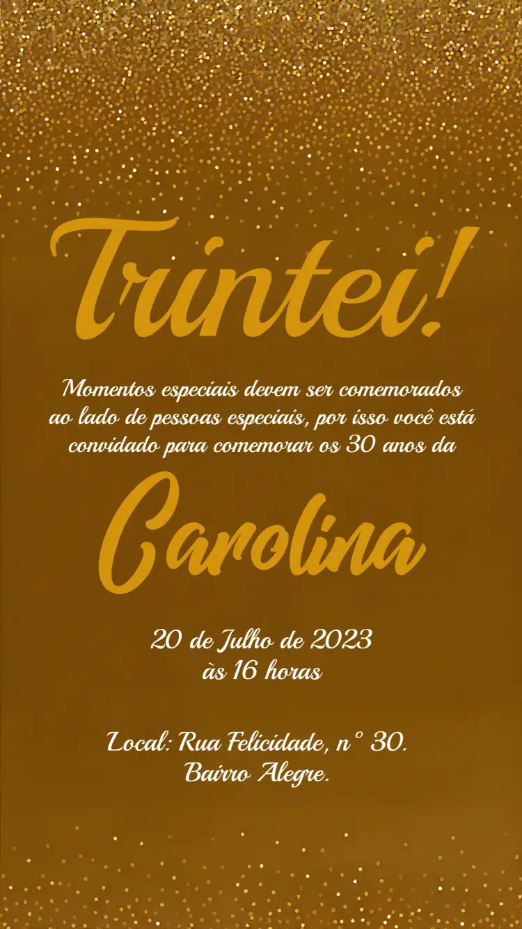 Convite Glitter Brilho – tema Aniversário preto, dourado, glitter, elegante, moderno, festivo