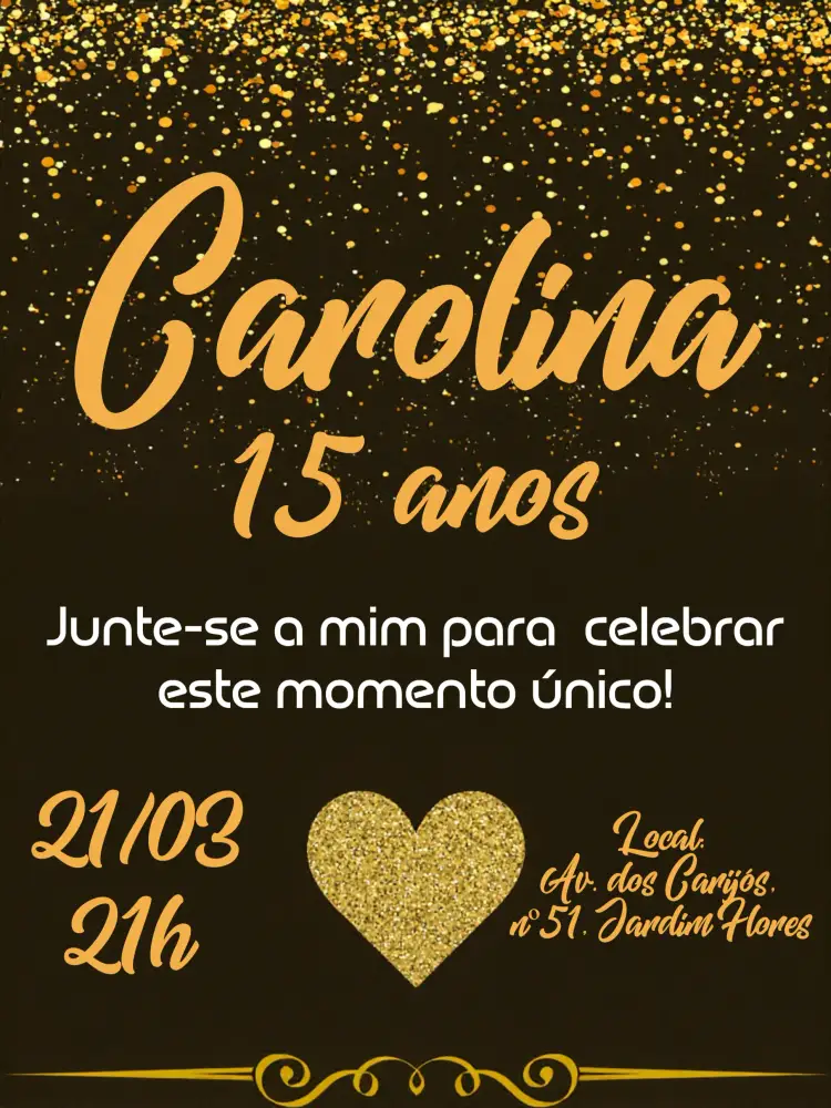 Convite Glitter Dourado Quinzeanos – tema Aniversário dourado, brilho, moderno, elegante, preto e branco, glamour