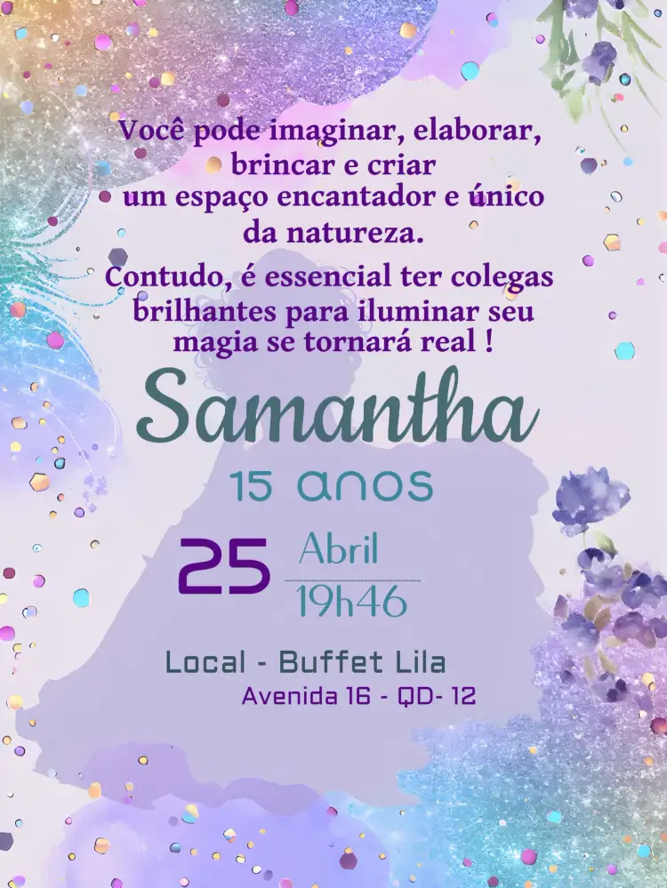 Convite Glitter Purpurina – tema 15 anos glitter, floral, moderno, lilás, roxo, elegante