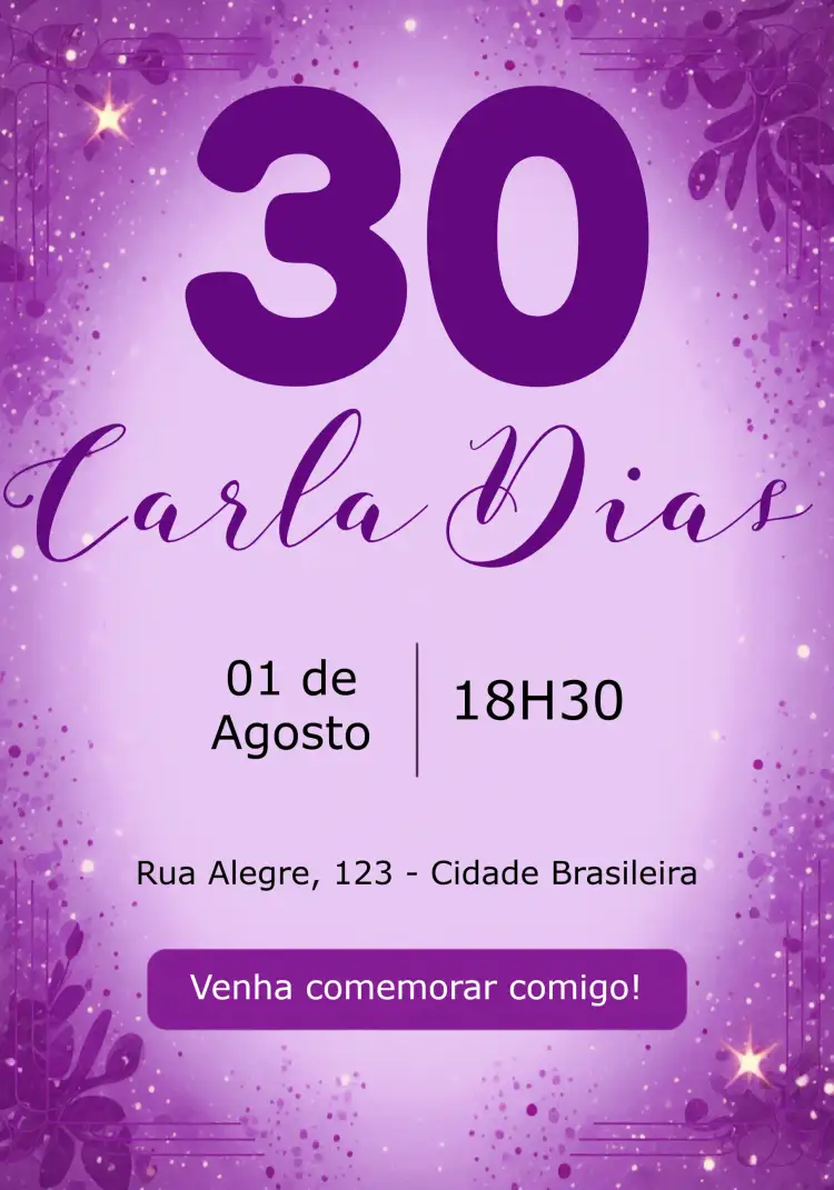 Convite Glitter Roxo – tema Aniversário brilho, elegante, moderno, roxo, lilás, feminino