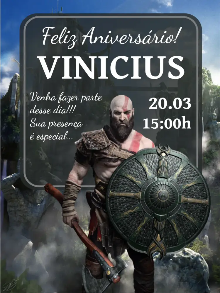 Convite God Of War – tema Mais pesquisados azul escuro, moderno, temático, jogos, heroico