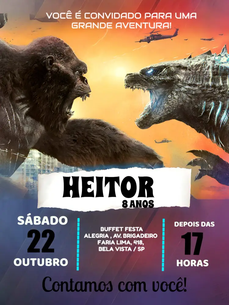 Convite Godzilla E King Kong Laranja