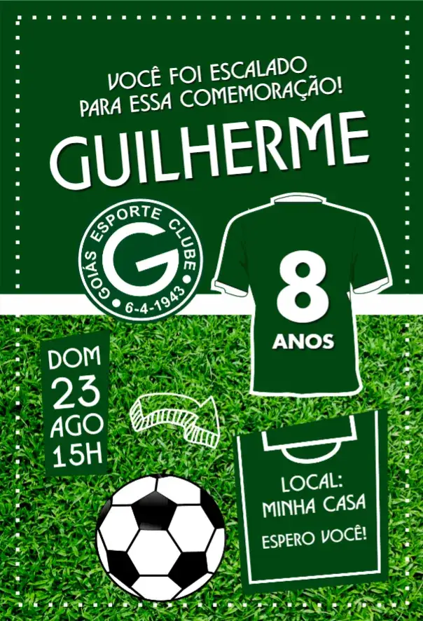 Convite Goiás camisa – tema Aniversário verde e branco, futebol, moderno, divertido, esportivo