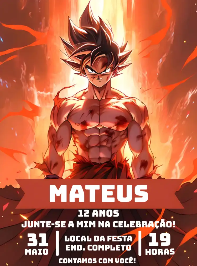 Convite Goku Dragon Ball Sayajin – tema Mais pesquisados cores vibrantes, estilo anime, elementos gráficos de Dragon Ball, design divertido, inspirado em desenhos animados