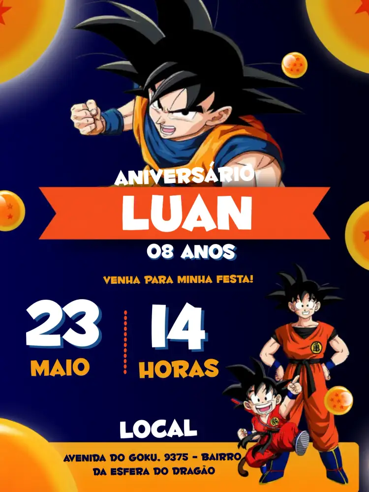 Convite Goku Dragon Ball Z Branco – tema Mais pesquisados moderno, anime, colorido, divertido, jovem